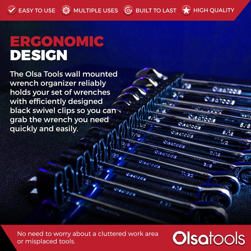 Olsa Tools Wall Mount Wrench Organizer - Rotating Clip Rack for 14 Wrenches - Blue Anodized Aluminum with Black Clips - Space Saving Tool Holder - Professional Grade Storage Solution - Part: 1029 - Image 3